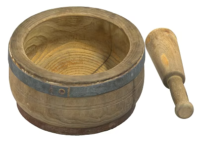 Traditional Ceramic Mortar And Pestle With Round Body Wood Grain Pattern And Metal Hoop 3d model
