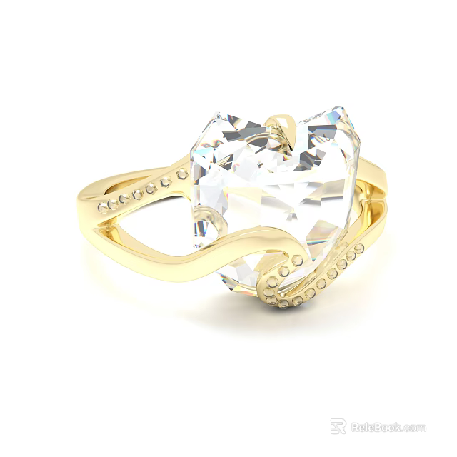 Elegant Heart Shaped Diamond Ring with Golden Band and Small Diamonds 3d model 