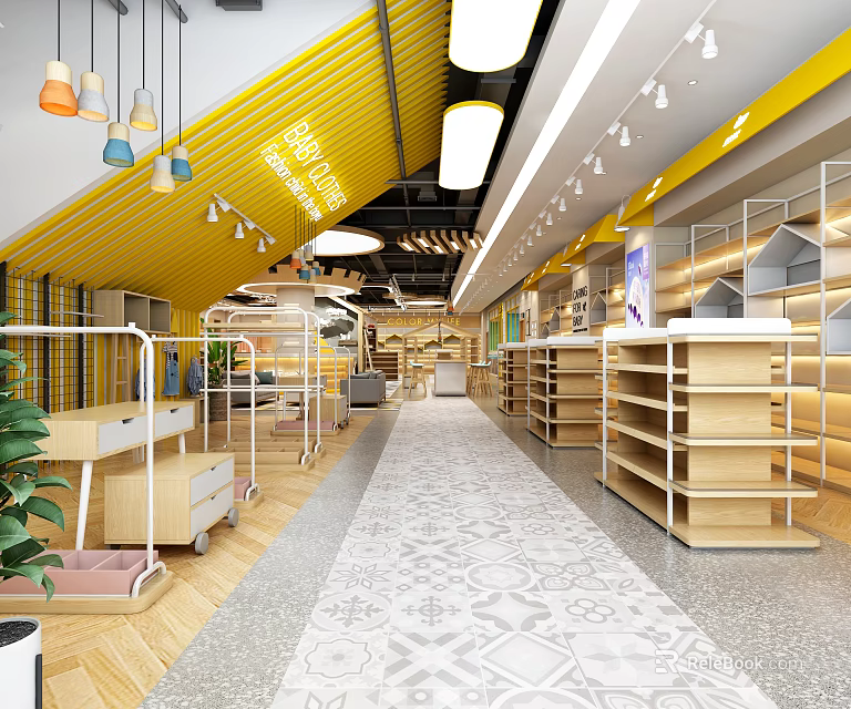 Modern Specialty Store Interior With Wooden Shelves Hanging Lights And Patterned Floor Design 3d model 