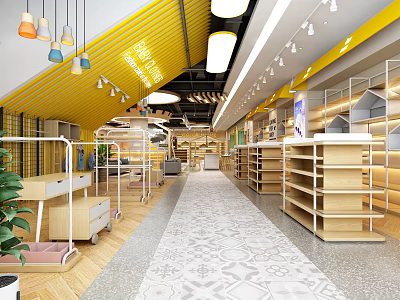 Modern Specialty Store Interior With Wooden Shelves Hanging Lights And Patterned Floor Design 3d model