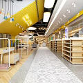 Modern Specialty Store Interior With Wooden Shelves Hanging Lights And Patterned Floor Design
