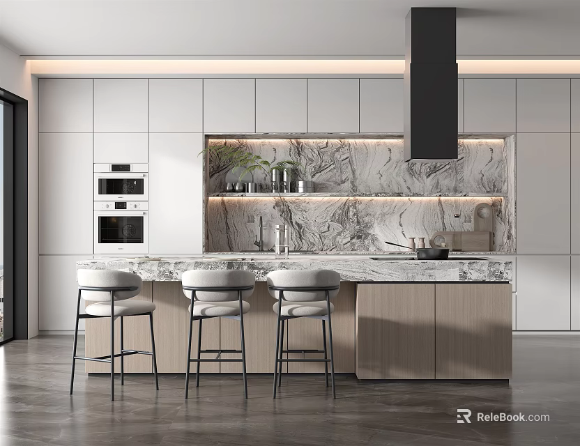 Modern Kitchen Interior With Marble Island Countertop Cabinets Bar Stools And Appliances 3d model 