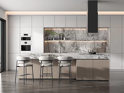 Modern Kitchen Interior With Marble Island Countertop Cabinets Bar Stools And Appliances 3d model