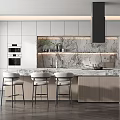 Modern Kitchen Interior With Marble Island Countertop Cabinets Bar Stools And Appliances