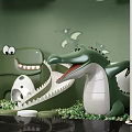 Dinosaur Themed Kids Play Area With Green Wall Slide And White Dino Eggs Decor