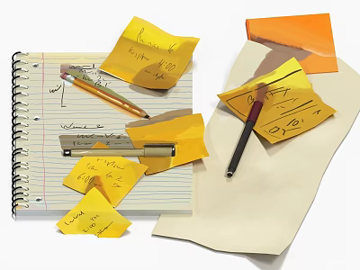 Spiral Notebook With Yellow Sticky Notes Handwritten Notes Pencil Black Pen And White Papers 3d model