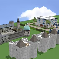 Modern Detached Villa With Green Lawn Windmill Gazebo And Castle Buildings