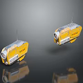 Two Yellow Sphero Robots With Antennas Floating On Dark Reflective Background 3d model