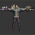 Warrior Character With Green Tunic Purple Pants Small Creature On Shoulder And Spiked Arm Weapon