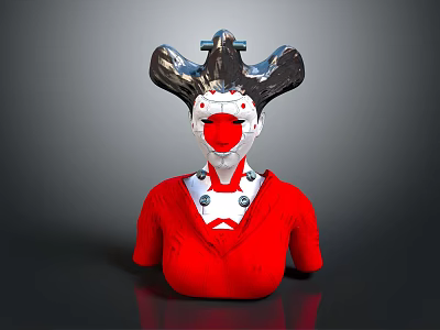 Game Movie Character With Red Outfit Unique Hairstyle Mechanical Head And Silver Accents Design 3d model
