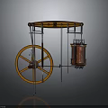 Vintage Mechanical Device With Large Wooden Wheel And Suspended Copper Containers On Metal Support Frame