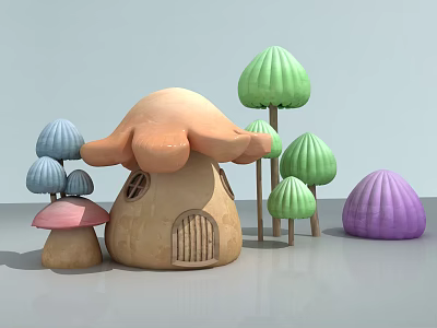 Cartoon Scene With Beige Mushroom House Pink Blue Small Houses And Green Purple Trees 3d model