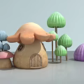 Cartoon Scene With Beige Mushroom House Pink Blue Small Houses And Green Purple Trees