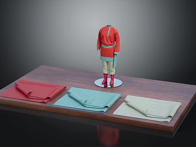 Red Top And Blue Bottom Mannequin With Three Fabric Stacks On Wooden Display Table 3d model