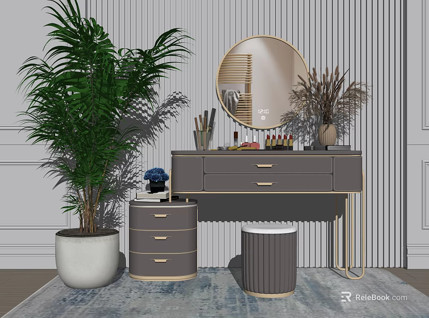Modern Dressing Table With Circular Mirror Cosmetics And Green Plant Decor 3d model