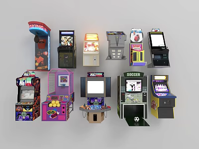 Various Entertainment Electronics Featuring Multiple Arcade Machines Like Pac Man Shooting And Fighting Games 3d model