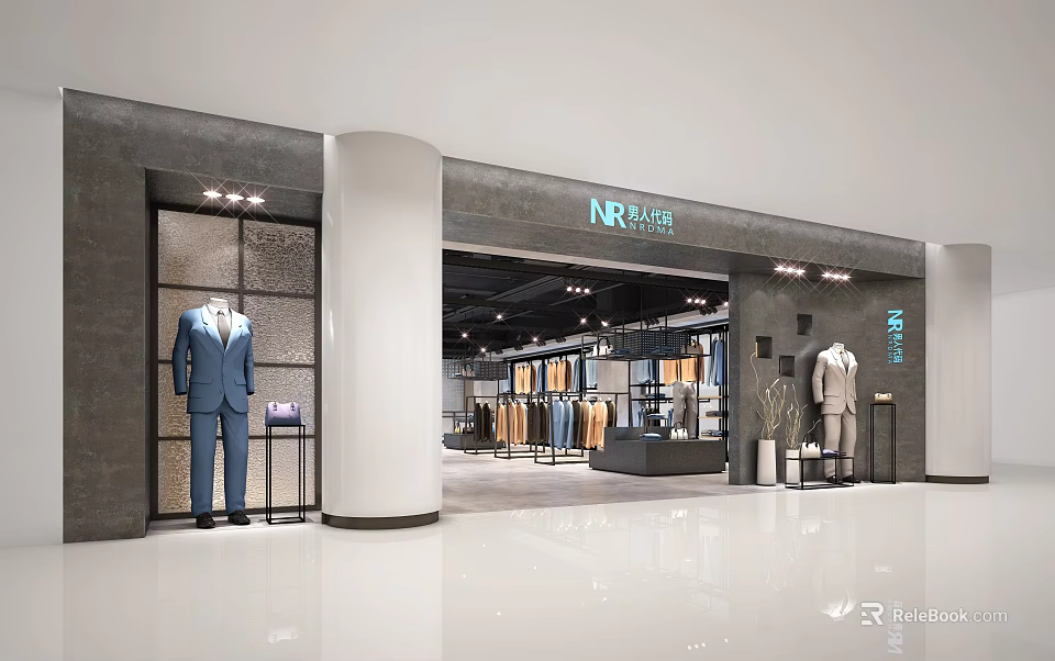 Stylish Fashion Clothing Store with Suit Models Interior Displays Lighting and Clothing Racks 3d model 