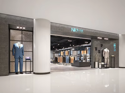 Stylish Fashion Clothing Store with Suit Models Interior Displays Lighting and Clothing Racks 3d model
