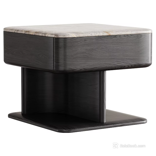 Elegant Modern Solid Dark Wood Nightstand With Natural Marble Top For Minimalist Bedroom Interiors 3d model 
