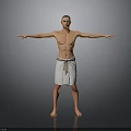 Shirtless Man with White Towel Wrapped Around Waist Standing with Arms Outstretched Against Gray Background