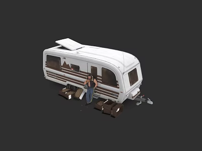 Game Movie Character Standing By White Camper Van In 3D Model Scene 3d model