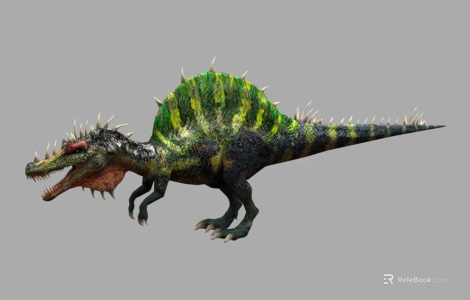 Realistic Dinosaur with Green Yellow Stripes Spiked Back and Open Mouth Sharp Teeth 3d model 