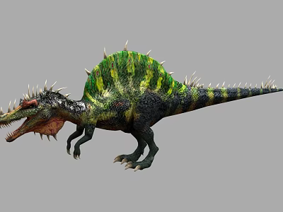 Realistic Dinosaur with Green Yellow Stripes Spiked Back and Open Mouth Sharp Teeth 3d model