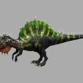 Realistic Dinosaur with Green Yellow Stripes Spiked Back and Open Mouth Sharp Teeth