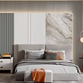 Modern Bedroom Interior With Grey Headboard Pillows Nightstand And Marble Wall Art