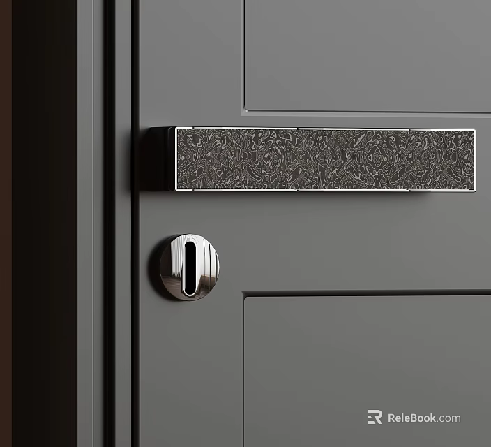 Modern Decorative Door Handle With Intricate Pattern On Gray Door Surface 3d model 