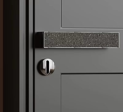 Modern Decorative Door Handle With Intricate Pattern On Gray Door Surface 3d model