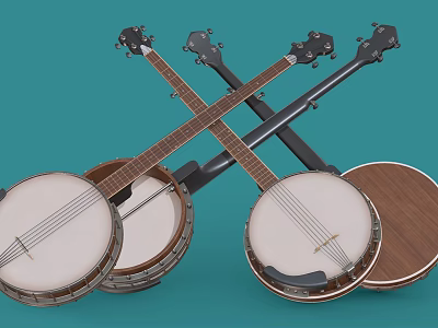 Vintage Crossed Banjos Musical Instruments Display On Blue Background With Classic Design 3d model