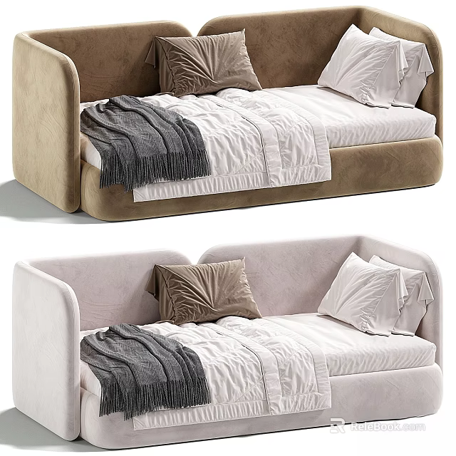 Stylish Kids Bed With Upholstered Backrest Brown Light Pink With Pillows Blanket And Bed Sheets 3d model 