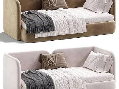 Stylish Kids Bed With Upholstered Backrest Brown Light Pink With Pillows Blanket And Bed Sheets 3d model