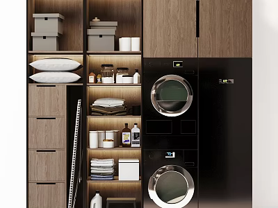 Modern Organized Laundry Room Design With Stacked Washing Machine Dryer And Wooden Storage Cabinets 3d model