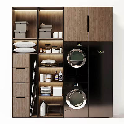 Modern Organized Laundry Room Design With Stacked Washing Machine Dryer And Wooden Storage Cabinets 3d model