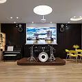 Music Instrument Specialty Store With Piano Drum Set Wall Guitars Yellow White Chairs Wooden Floor