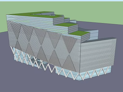 Modern Commercial Complex With Geometric Facade Green Roof And Supporting Structure 3d model