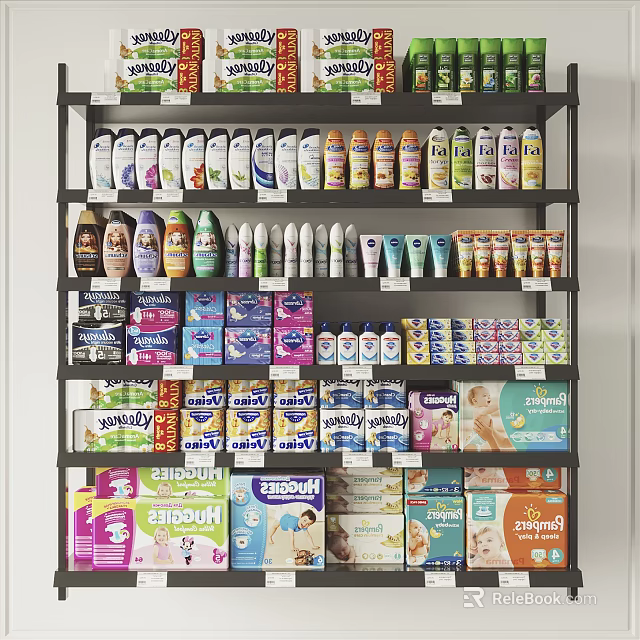 Display Shelves in Retail Store Stocked with Various Canned Bottled and Boxed Products 3d model 