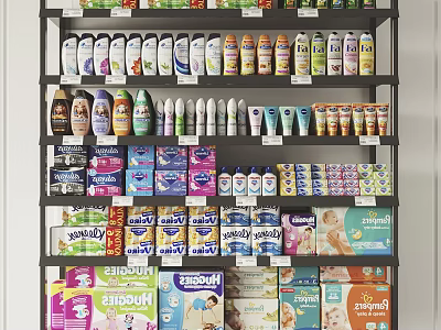 Display Shelves in Retail Store Stocked with Various Canned Bottled and Boxed Products 3d model