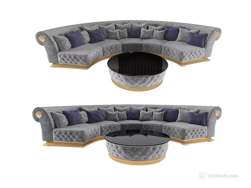Gray Sectional Sofa With Gold Accents Purple Cushions And Round Coffee Table 3d model 