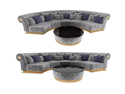 Gray Sectional Sofa With Gold Accents Purple Cushions And Round Coffee Table 3d model