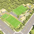 Aerial Planning of Sports Complex With Multiple Football Fields Buildings Roads Greenery and Lighting