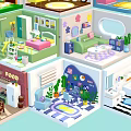 Colorful Cartoon Room Scenes With Miniature Furniture And Decorative Interior Designs
