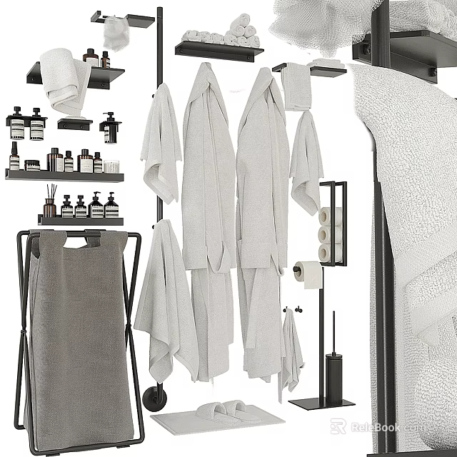 Essential Bathroom Accessories Including Towels Toiletries Towel Racks And Toilet Paper Holders 3d model 