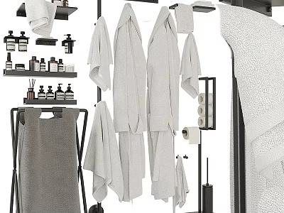 Essential Bathroom Accessories Including Towels Toiletries Towel Racks And Toilet Paper Holders 3d model