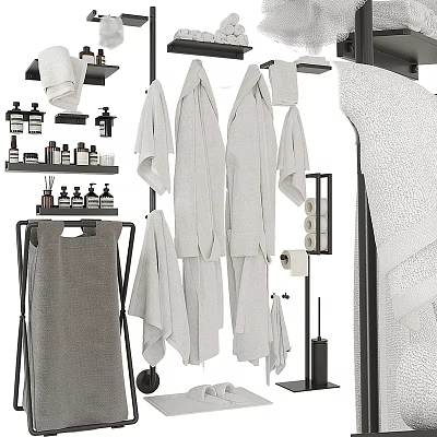 Essential Bathroom Accessories Including Towels Toiletries Towel Racks And Toilet Paper Holders 3d model