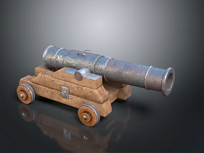 Vintage Metal Cannon with Wooden Carriage and Iron Wheels as Historical Weapon Piece 3d model