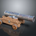Vintage Metal Cannon with Wooden Carriage and Iron Wheels as Historical Weapon Piece