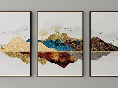 Landscape Painting Triptych with Mountain Water Flying Birds and Gold Blue Brown Color Reflections 3d model